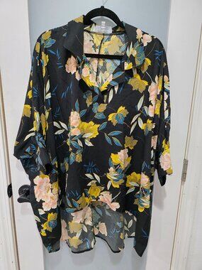 Soft Sport Black Floral Blouse – Size 2X – Batwing Sleeve High Low Hem Boho Top